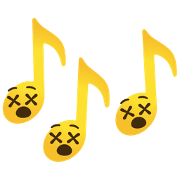 face with crossed-out eyes and musical notes