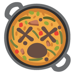 face with crossed-out eyes and shallow pan of food