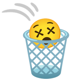 face with crossed-out eyes and wastebasket