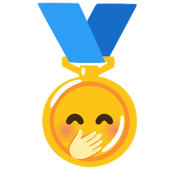 face with hand over mouth and 1st place medal