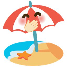 face with hand over mouth and beach with umbrella