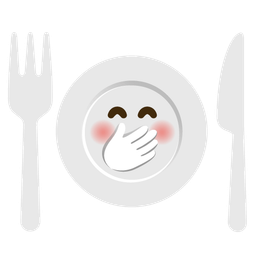 face with hand over mouth and fork and knife with plate