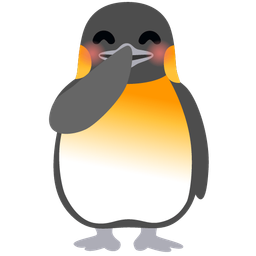 face with hand over mouth and penguin