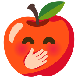 face with hand over mouth and red apple