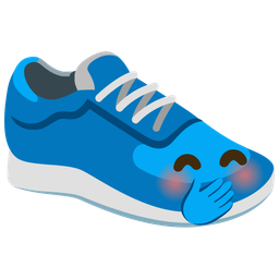 face with hand over mouth and running shoe