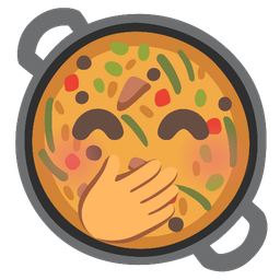 face with hand over mouth and shallow pan of food