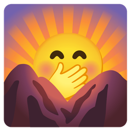 face with hand over mouth and sunrise over mountains
