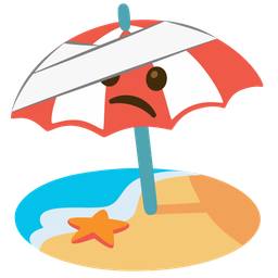 face with head-bandage and beach with umbrella