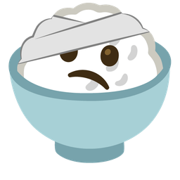 face with head-bandage and cooked rice