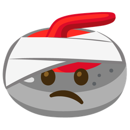 face with head-bandage and curling stone