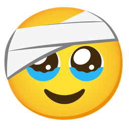 face with head-bandage and face holding back tears