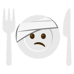 face with head-bandage and fork and knife with plate