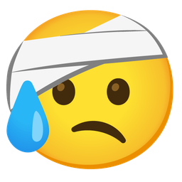 face with head-bandage and sad but relieved face