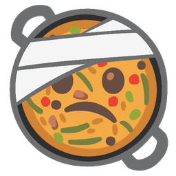 face with head-bandage and shallow pan of food