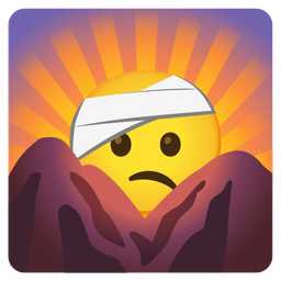 face with head-bandage and sunrise over mountains