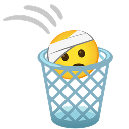 face with head-bandage and wastebasket