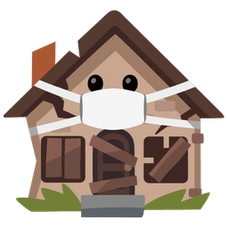 face with medical mask and derelict house