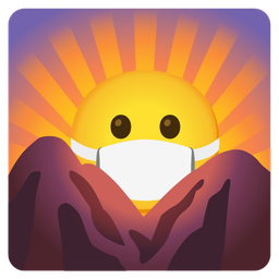 face with medical mask and sunrise over mountains