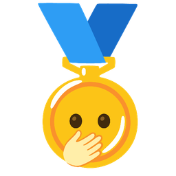face with open eyes and hand over mouth and 1st place medal