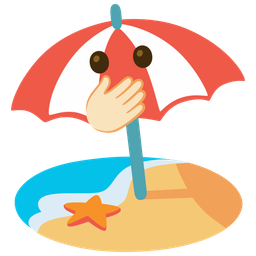 face with open eyes and hand over mouth and beach with umbrella
