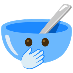 face with open eyes and hand over mouth and bowl with spoon