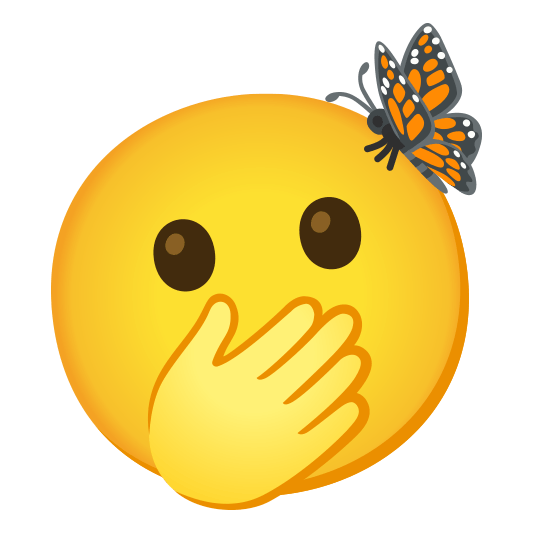 Face with open eyes and hand over mouth and Butterfly