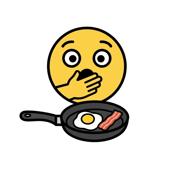 Face with open eyes and hand over mouth and Cooking