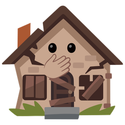 face with open eyes and hand over mouth and derelict house