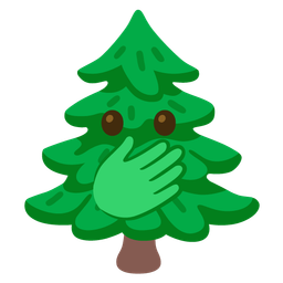 face with open eyes and hand over mouth and evergreen tree