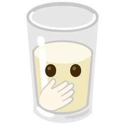 face with open eyes and hand over mouth and glass of milk