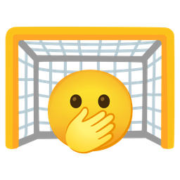 face with open eyes and hand over mouth and goal net