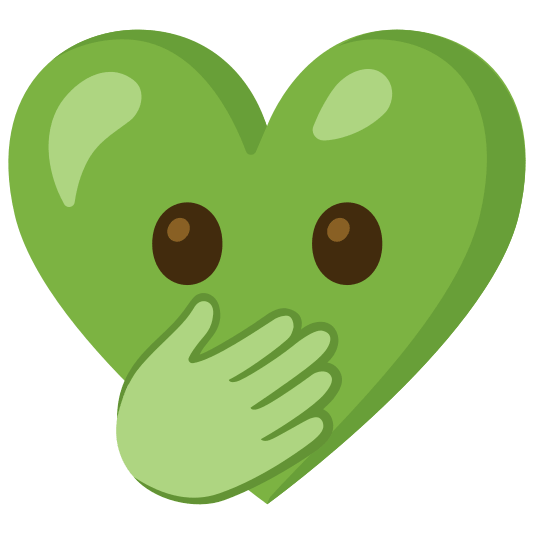 Face with open eyes and hand over mouth and Green heart