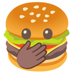 face with open eyes and hand over mouth and hamburger