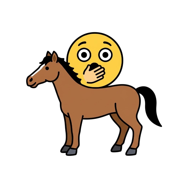 Face with open eyes and hand over mouth and Horse