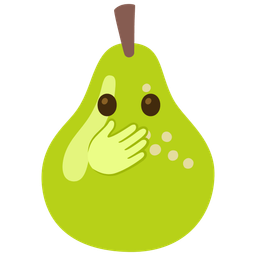 face with open eyes and hand over mouth and pear