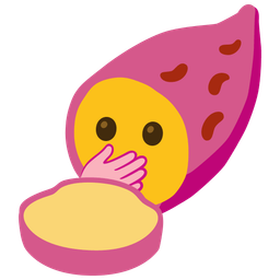 face with open eyes and hand over mouth and roasted sweet potato