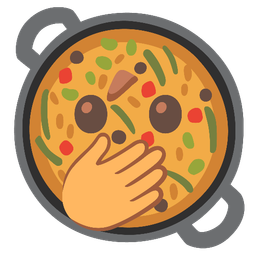 face with open eyes and hand over mouth and shallow pan of food