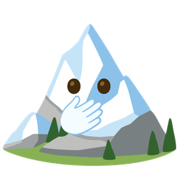 face with open eyes and hand over mouth and snow-capped mountain