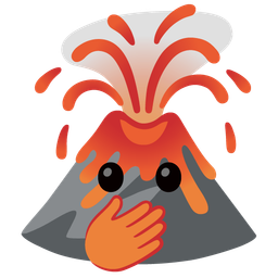 face with open eyes and hand over mouth and volcano