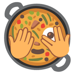 face with peeking eye and shallow pan of food