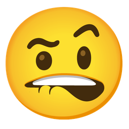 face with raised eyebrow and biting lip