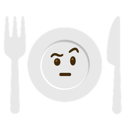 face with raised eyebrow and fork and knife with plate