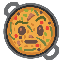 face with raised eyebrow and shallow pan of food