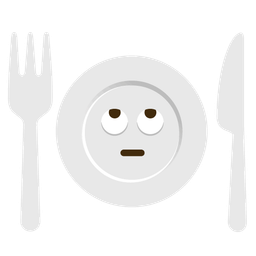 face with rolling eyes and fork and knife with plate