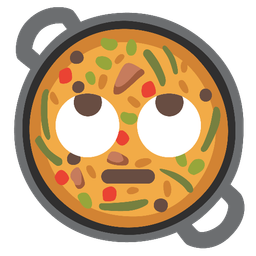 face with rolling eyes and shallow pan of food