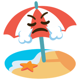 face with steam from nose and beach with umbrella