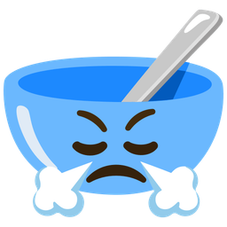 face with steam from nose and bowl with spoon