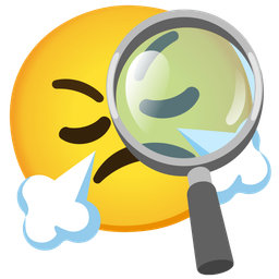 face with steam from nose and magnifying glass tilted right