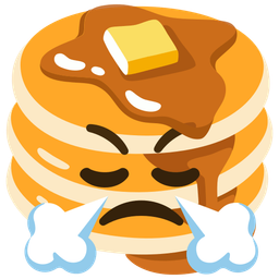 face with steam from nose and pancakes