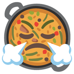 face with steam from nose and shallow pan of food